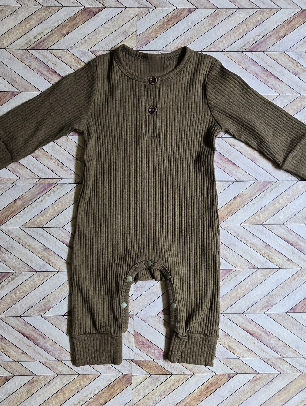 ​Boho Minimalist Olive Green Ribbed Long Sleeve Henley Jumpsuit One Piece 6-9M
